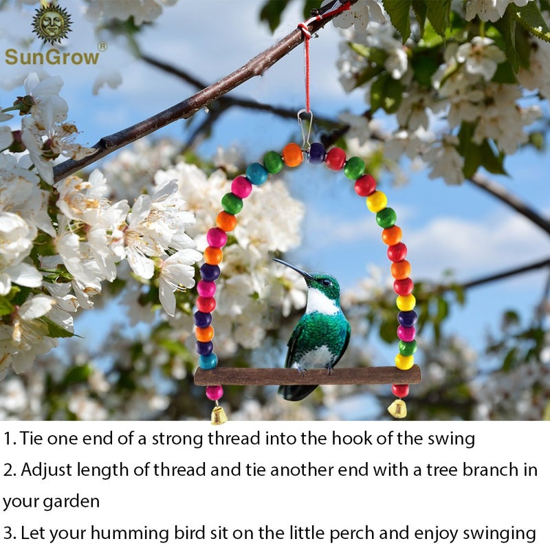 SunGrow Colorful Parakeet Swing Toy with Bells, Cockatiel, Lovebird & Budgie Wooden Perch Stand, 8.5x6 Inches, Sturdy Rocking Gym, Small Bird Cage Accessories to Balance, Exercise & Training - Image 5